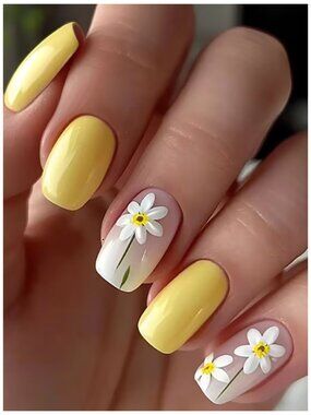 NWT 24pc Yellow Daisy Floral Press-On Nails Set Short Square